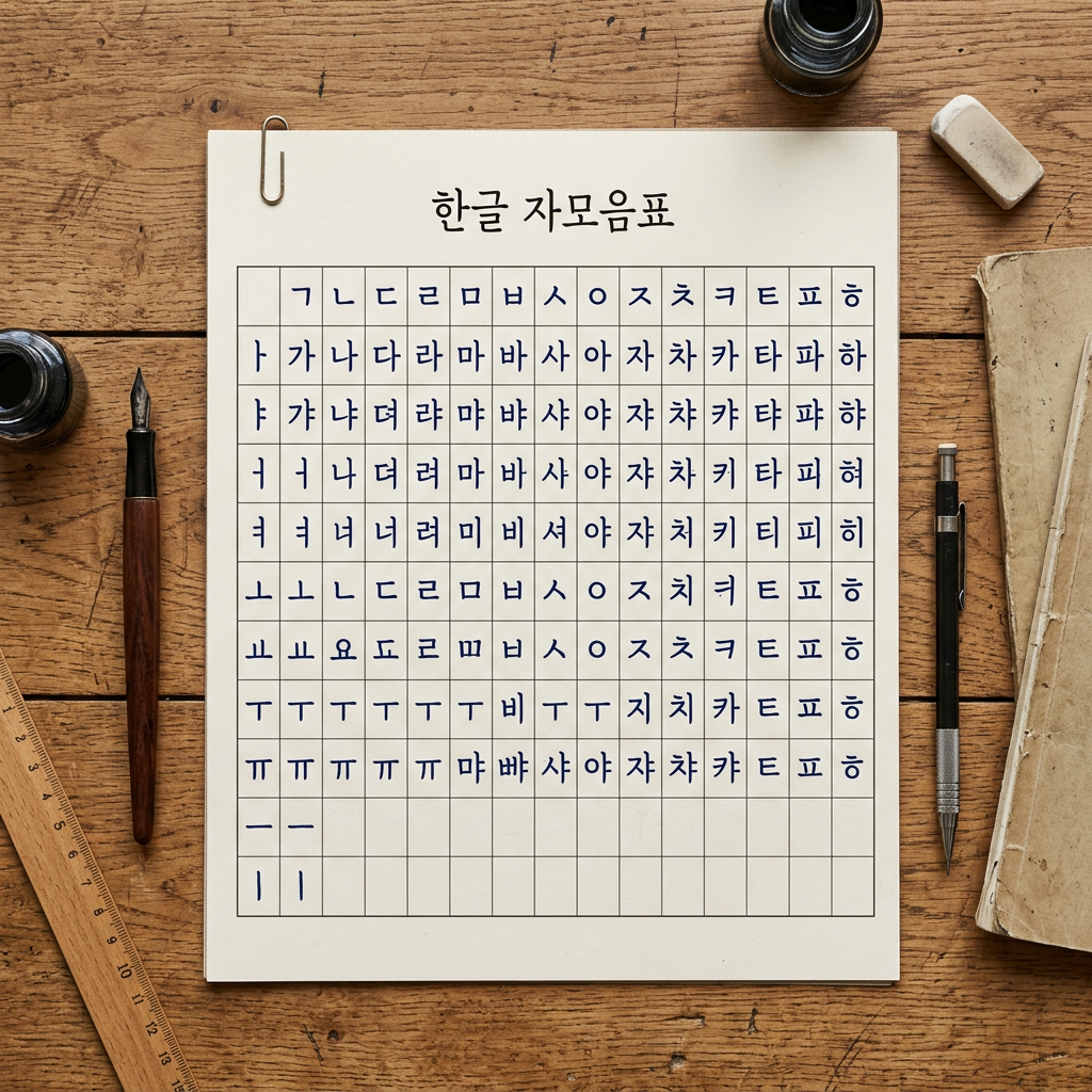 Handwritten chart of Korean Hangul consonants and vowels on grid paper