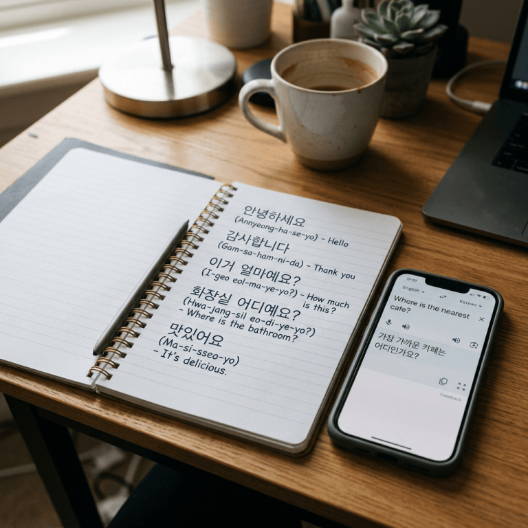 Notebook with Korean phrases and English translations next to a phone displaying Korean translation app