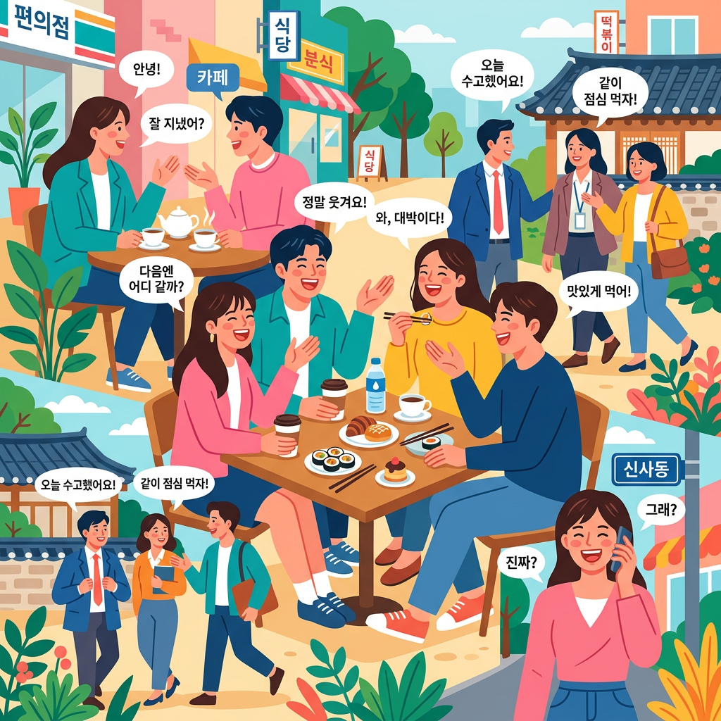 Illustration of Korean neighborhood conversations with café, restaurant, lunch, and street signs; speech bubbles read 안녕!, 잘 지냈어?, 카페, 식당, 분식, 오늘 수고했어요!, 같이 점심 먹자!, 정말 웃겨요!, 와, 대박이다!, 맛있게 먹어!, 다음엔 어디 갈까?, 신사동, 그래?, 진짜?
