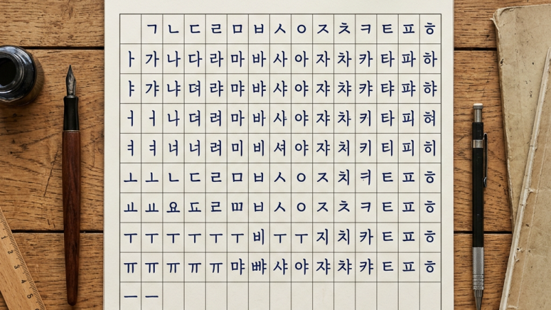 Handwritten chart of Korean Hangul consonants and vowels on grid paper